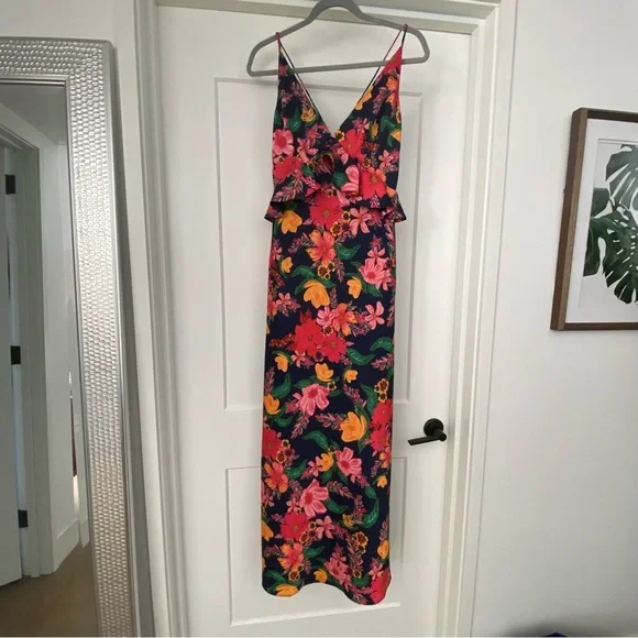 Finders Keepers Navy Pink Floral Maxi Dress Small - Picture 2 of 6